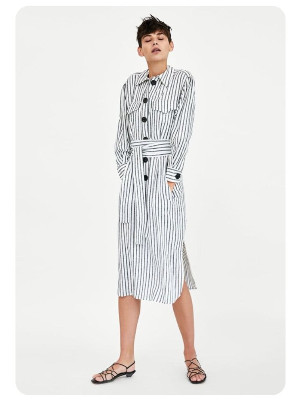 * Zara Striped Long Sleeve Button Front Midi Dress w/ Waist Sash sz L